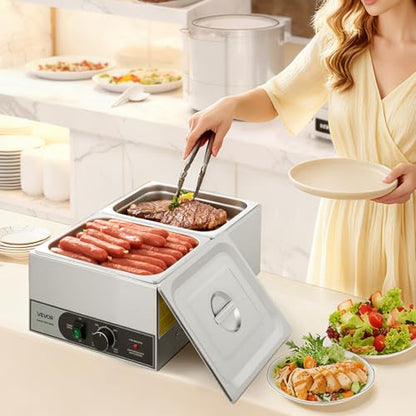 VEVOR Commercial Food Warmer, 1200W Electric Stainless Steel Steam Food Warmer, Fast Heating Countertop Buffet Bain Marie with Two 1/2 Size Food Pans, for Catering, Restaurants, Parties & Buffets - size: 2*1/2Pan