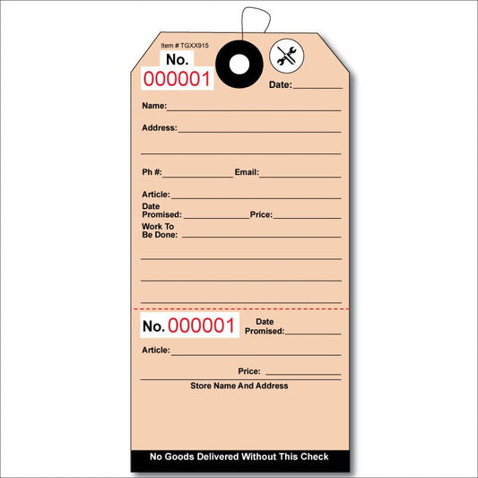 100 Repair Required Tags, Numbered, with Attached Elastic String. Tags are Printed on Durable 13 Point Cardstock with Patch to Prevent Tearing Around Hole. Easy Tear Away Stub. Size: 5.25" x 2.625"