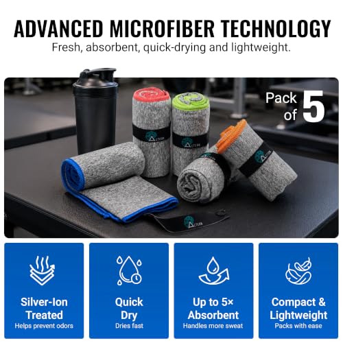 Acteon Gym Towels 5 Pack, Microfiber Quick-Dry Sweat Towels for Men & Women - color: Heather Grey, size: Pack of 5