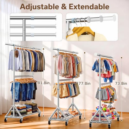 Heavy Duty Clothes Rack 860 LBS, Rolling Clothing Rack with Wheels - color: Silver