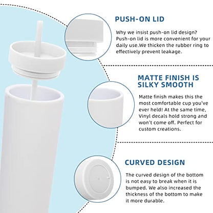 Volhoply 20oz Tumbler with Lid and Straw 8 Pack,Double Wall Plastic Skinny Tumblers Bulk,Reusable Travel Cute Coffee Mug,BPA Free Matte Acrylic Water Cups With Straw for Party,DIY Gifts(White,8 Set) - color: White