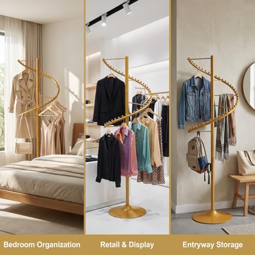 Spiral Rotating Clothing Rack, 5.91ft H 38-Ball Heavy Duty Garment Rack, Space Saving Standing Metal Sturdy Freestanding Hanger for Boutique Bedroom (Gold) - color: Gold