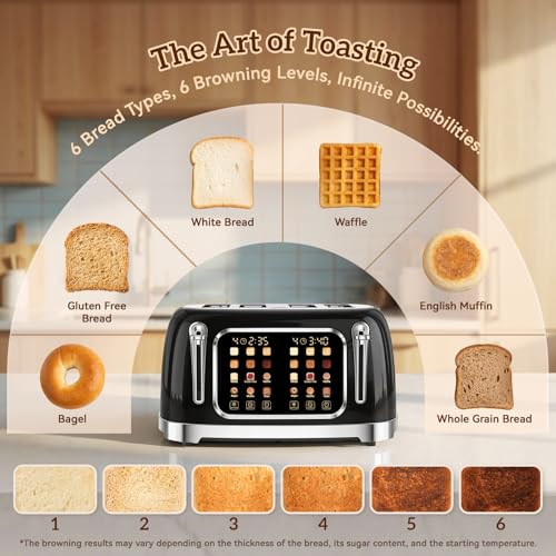 RONGBEST Retro Toaster 4 Slice with Stainless Steel Wide Slot Touch Screen for Family Breakfast, 6 Browning Levels for Bagel & Bread, Reheat & Defrost, Removable Crumb Tray, Jet Black - color: Jet Black