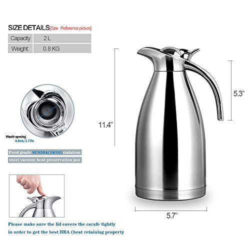 68 Oz Stainless Steel Thermal Carafe - Double Walled Vacuum Insualted Thermos/Carafe with Lid - Coffee/Tea Carafe Heat & Cold Retention - 2 Liter - color: StainlessSteel