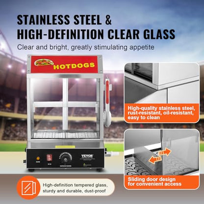 VEVOR Hot Dog Steamer, 28.5QT, 2-Tier Hot Dog Hut Steamer, 86℉~185℉ Temperature Control, Electric Bun Warmer with Tempered Glass Slide Doors Partition Plate Tong, Stainless Steel, for Hot Dogs & Buns