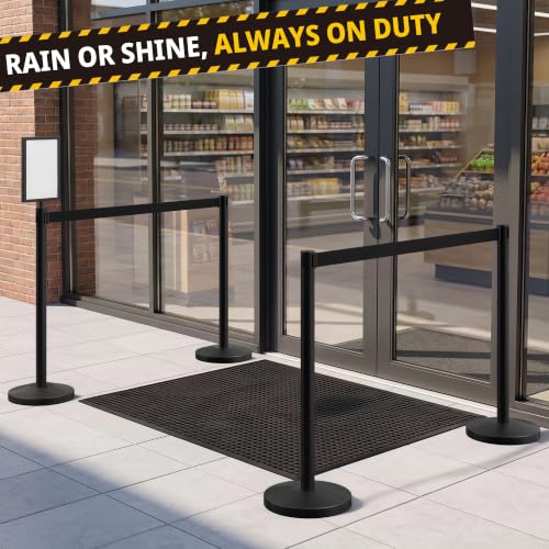 4-Pack Black Stainless Steel Crowd Control Stanchions, 9.8 ft Retractable Black Safety Belts with 1 Sign Holder(Black Belt) - color: Black stanchions w Black Belt, size: 4 pcs