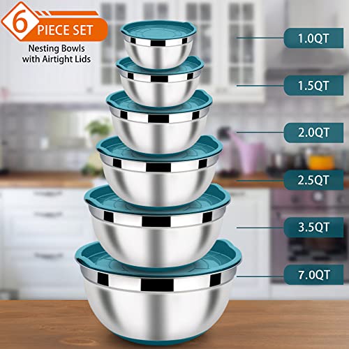 LIANYU Metal Nesting Mixing Bowls Set of 6, Size 7, 3.5, 2.5, 2, 1.5, 1QT - color: Dark Blue, style: Anchor Base with Airtight Lids