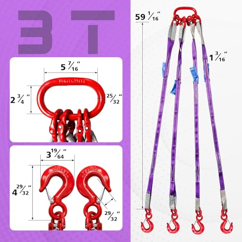 Four Leg Bridle Web Sling 5ft with Hooks, 6600lbs Capacity - size: 6600 lb / 5 ft