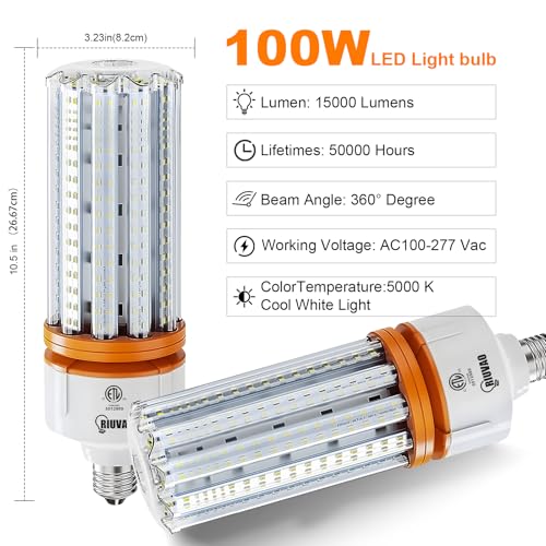 RIUVAO 1000W Equivalent LED Corn Light Bulbs, 2 Pack 100W Led Corn Bulb 5000K Daylight White E26 E39 for Large Area Lighting, Warehouse，High Bay Lighting Wide Application