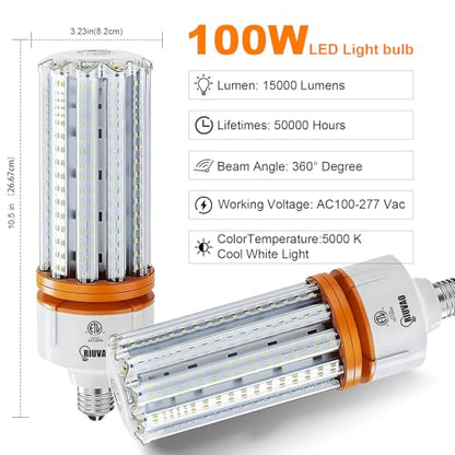 RIUVAO 1000W Equivalent LED Corn Light Bulbs, 2 Pack 100W Led Corn Bulb 5000K Daylight White E26 E39 for Large Area Lighting, Warehouse，High Bay Lighting Wide Application