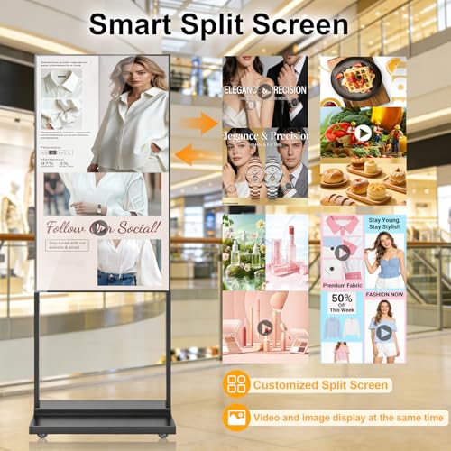 32 Inch Floor Standing Digital Signage, 700nits High Brightness Slim Frameless Advertising Display, Digital Signage with CMS/U-Disk Plug&Play, Split Screen, 7/24 Timer switch,HDMI/USB/WiFi/Android OS