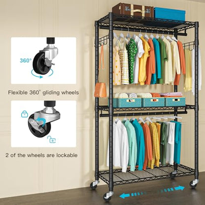 FUTASSI P1 Heavy Duty Garment Rack, Rolling Closet Organizer with Wheels - color: Black, size: P1