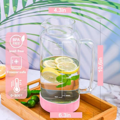 Aofmee 68oz Glass Pitcher with Lid and Handle for Fridge, Pink Silicone - color: Pink Silicone
