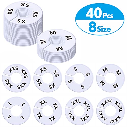 40 Pack Round White Plastic Clothing Size Closet Rack Dividers Hangers, Preprinted in 8 Sizes XXS, XS, S, M, L, XL, XXL, XXXL (Outer 3.5”, Inner Diameter 1.38”) - color: 40 Pack/White-printed
