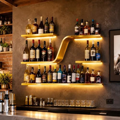 47in Gold Wall Mounted Wine Rack with LED Lights - color: Gold, size: 47in