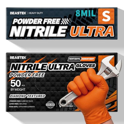 BEASTEK Nitrile Disposable Gloves, 8Mil Latex & Powder Free Chemical Resistant Heavy Duty Cooking Diamond Glove Orange 50 Pcs - color: Small (Orange)
