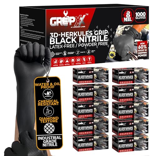 GRIPXX Herkules Grip Heavy Duty 8Mil Black Nitrile Gloves,3D Raised Diamond Texture-Latex & Powder-Free Industrial, Mechanic - size: Medium