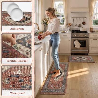 KIMODE Farmhouse Kitchen Mats, Anti Fatigue Kitchen Rugs Sets of 2 Red - color: Red Floral, size: 17.3" x 47 "+ 17.3" x 29 "--0.47 inches