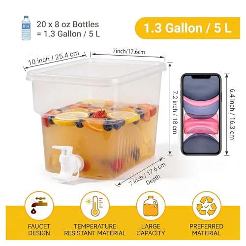 BEWBBAT 4 Pack 1.3 Gallon Drink Dispenser with Spigot for Fridge, Leakproof Plastic Water Container Fridge Beverage Dispenser Ice Juice Dispenser with Spigot for Home Party Restaurant Bar Buffet