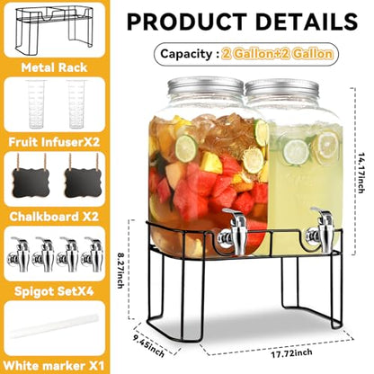 2 Gallon Glass Drink Dispensers For Parties，Lemonade Beverage Dispenser With Stand And Spigot For BBQ, Picnic, Party,Laundry Detergent Dispenser - size: 2 Gallon Double With Stand