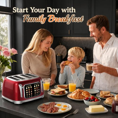 RONGBEST Retro 4 Slice Stainless Steel Toaster with Wide Slot Touch Screen for Family Breakfast, Reheat & Defrost, 6 Browning Levels for Bagel & Bread, Easy Removable Crumb Tray, Red Pearl - color: Red Pearl