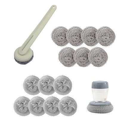 Stainless Steel Wool Brush Dish Scrubber with Handle Replacement Heads - Steel Scrubbing Scouring Pad Set of 16, Kitchen Cleaning Metal Dish Scrubber for Washing Dishes Grate Pot Pan Sink