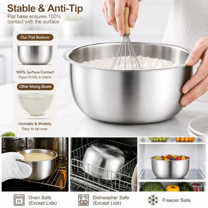 E-far Mixing Bowls with Lids Set of 5, Stainless Steel Nesting Salad Bowls - color: Khaki