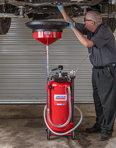 Lincoln 3639 25 Gallon Fluid Drain and Evacuator Tank Combo, 51-76" Adjustable Funnel Height, Built-in Safety Valve, 7' Discharge and 6.5' Evacuation Hoses, 6 Evacuation Wands, Fluid Level Sight Gauge