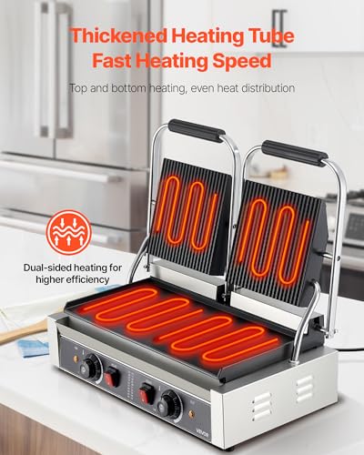 VEVOR Commercial Panini Grill, 3600W Electric Sandwich Panini Maker, Stainless Steel Double Sandwichs Press Grill with Handle and Temp Control, 19x9 in Flat Enamel Plate for Hamburger Steak Bacon