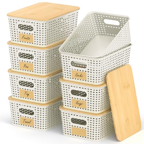 Stackable Storage Baskets: 8 Pack Plastic Baskets Bins, White - color: White