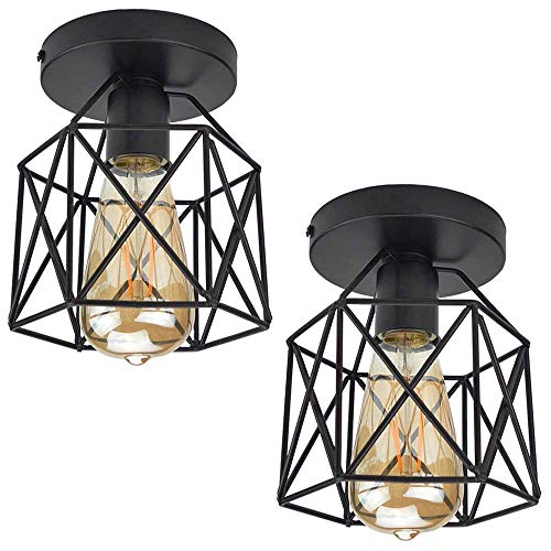 Semi Flush Mount Ceiling Light E26 E27 Retro Black Industrial Ceiling Light Fixture for Kitchen, Hallway, Porch, Stairway,Bedroom Farmhouse Lighting(2 Pack)