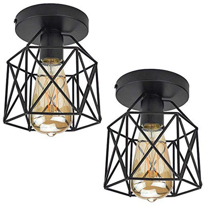 Semi Flush Mount Ceiling Light E26 E27 Retro Black Industrial Ceiling Light Fixture for Kitchen, Hallway, Porch, Stairway,Bedroom Farmhouse Lighting(2 Pack)