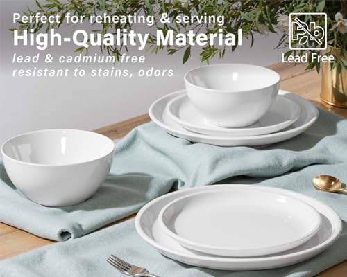 ONEMORE Plates and Bowls Set 12 Pcs,Stoneware Dinnerware Sets for 4 Microwavable,Oven & Dishwasher Safe Porcelain,Scratch Resistant Dishes Set,White - color: White