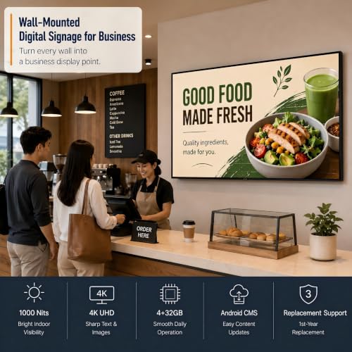 65" Wall-Mounted Digital Signage Display, 4K Menu Board - size: 65 Inch