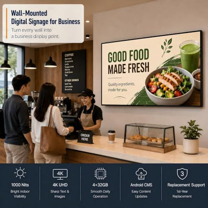 50" Wall-Mounted Digital Signage Display, 4K Menu Board - size: 50 Inch