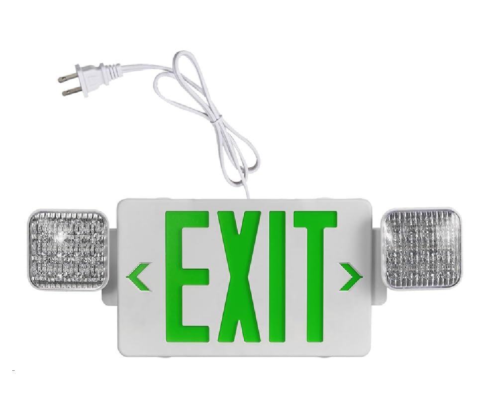 GZRUIYANG Exit Sign with Emergency Lights Green, LED Emergency Exit Light with Battery Backup, UL 924 Certified, AC 120/277V, Commercial Emergency Lights Combo with Plug, Green - color: White Housing Green Letter + Plug, size: 1 Pack