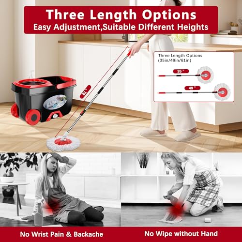 FunClean Large Spin Mop Bucket Set with Wringer, 2 Gal Capacity, Black - size: Large - 6 Mop Heads - Black
