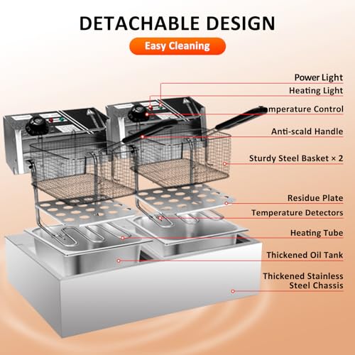 Commercial Deep Fryer with Basket, 12.7QT/12L, Detachable Large Capacity Stainless Steel Countertop Electric Oil Fryer with Temperature Control for Restaurant or Home Use