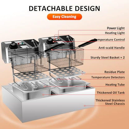 Commercial Deep Fryer with Basket, 12.7QT/12L, Detachable Large Capacity Stainless Steel Countertop Electric Oil Fryer with Temperature Control for Restaurant or Home Use
