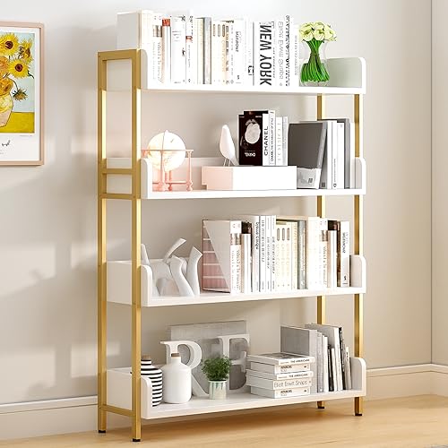 OSCHF Wide Open Shelf Bookcase, 4-Tier, White with Gold Frame - color: Gold + White, size: 4-Tier
