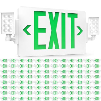 Sunco 96 Pack Green LED Exit Sign with Emergency Lights, Two Adjustable Head Lights, Backup Battery, 94V-0 Fire Resistant, 120-277V, Wall or Ceiling Mount, Commercial Grade, UL - size: 96 Pack