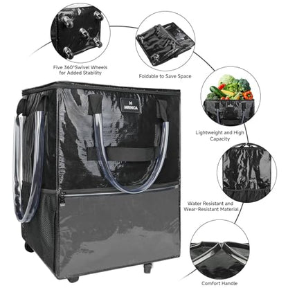 Reusable Grocery Bag on Wheels, Foldable Rolling Tote Bag with 6 Pockets - color: Black, size: Small