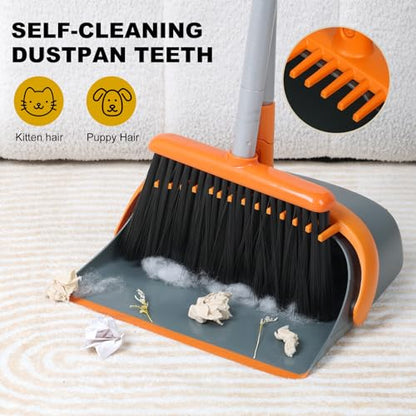 Broom and Dustpan Set with 54 Inch Long Handle - Perfect Dust Pan and Brush Combo for Home Efficient Cleaning (Orange and Grey) - color: Orange and Grey