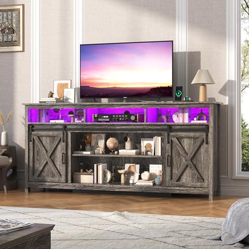 jiteentarou Farmhouse TV Stand for 80/75 Inch TV with Power Outlet, Entertainment Center with Storage and Sliding Barn Doors, Wood Media Console for Living Room, Grey - color: Grey, size: 70in