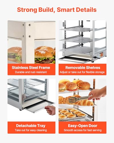 VEVOR 3-Tier Commercial Food Warmer Display, 800W Food Display Warmer with LED Light, Adjustable Shelf and Stainless Steel Frame, 86℉~185℉ Air Heating, 34L for Hamburger, Pizza, Bread, Fried Chicken - size: 3-Tier-36Qt