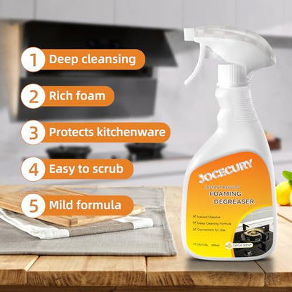 Jocecury 500ML Kitchen Foam Cleaner, Multipurpose Grease Cleaner Spray for Pots, Pans, Surfaces & Appliances with Dual-Spray nozzle,No-rinse Formula