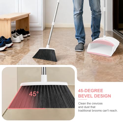 Broom with Dustpan Combo Set for Home, 52-in Long Adjustable Handle Angle Broom and Dustpan Set with Dustpan Comb Teeth for Sweeping Pet Hair Food Dirt Kitchen (White-Pink) - color: White-pink