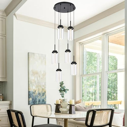 MELUCEE 6-Light Modern LED Pendant Lights Kitchen Island Black with Glass - color: Black, size: 6-Light-Round