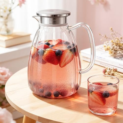 Glass Pitcher with Lid and Handle, 2.2L/74 oz Borosilicate Glass