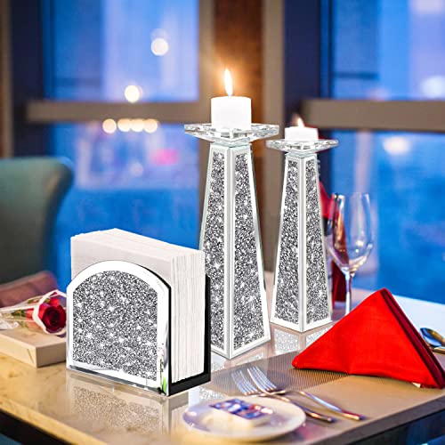 Wocred Mirror Napkin Holder,Crystal Crushed Diamond Vertical Holder,Cute Glass Mirror Napkin Holder for Counter or Table.(5.9”X5.9”X3”) - size: 5.9x3x5.9 inch